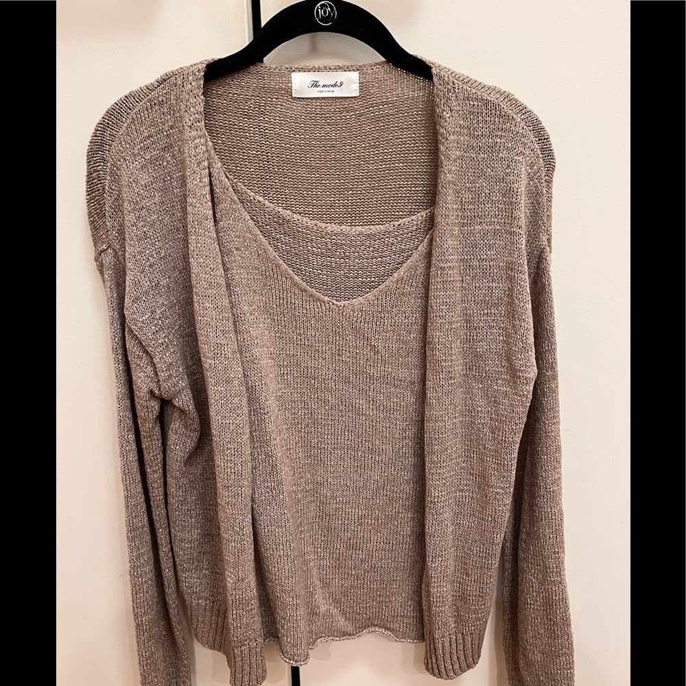 Taupe linen cardigan set with camisole
